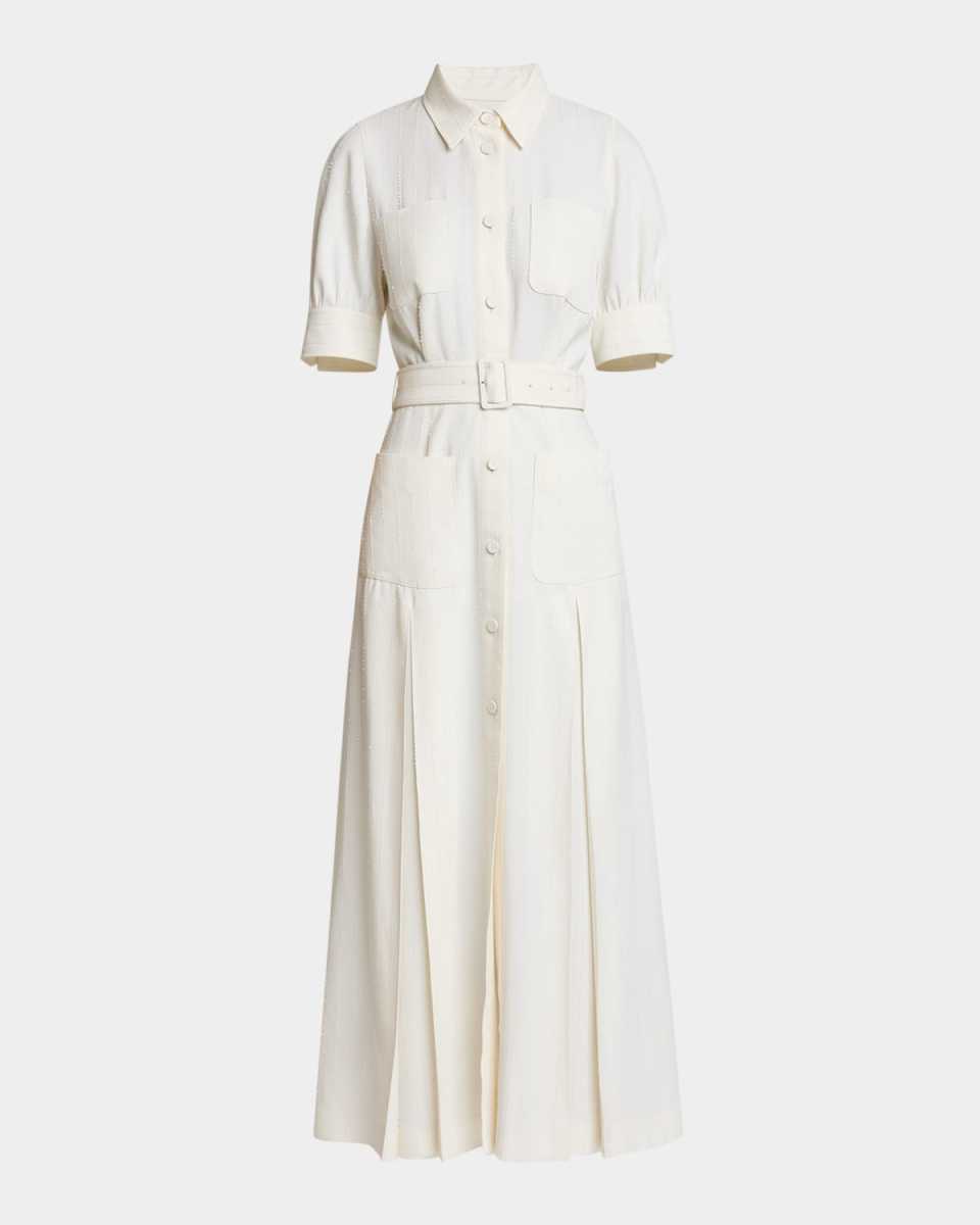Pinstriped Cady Short-Sleeve Belted Midi Shirtdress